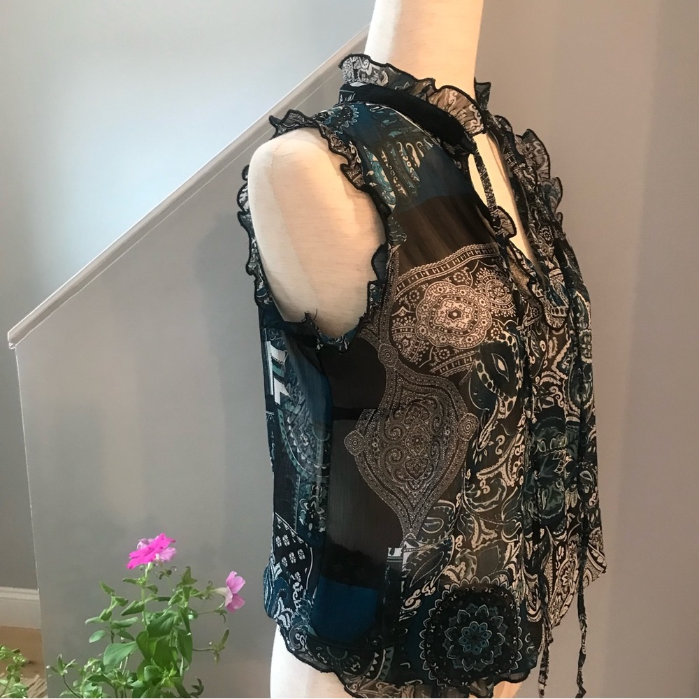 LUCKY BRAND Sheer Sleeveless  Notch Neck Floral Ruched Tunic Blue Blouse